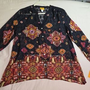 Ruby Rd. Womens Size 16 Semi Sheer Button Up Blouse Artsy Boho Long Sleeve NWT